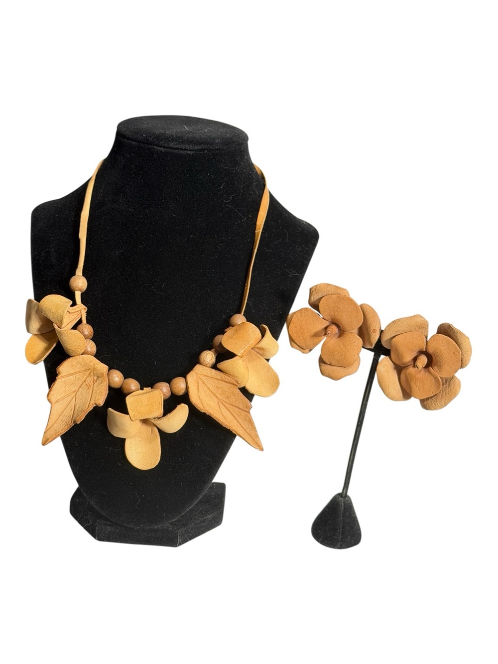 Earthy Fairycore Handcrafted Leather Flower Necklace & Earrings Set Delicate